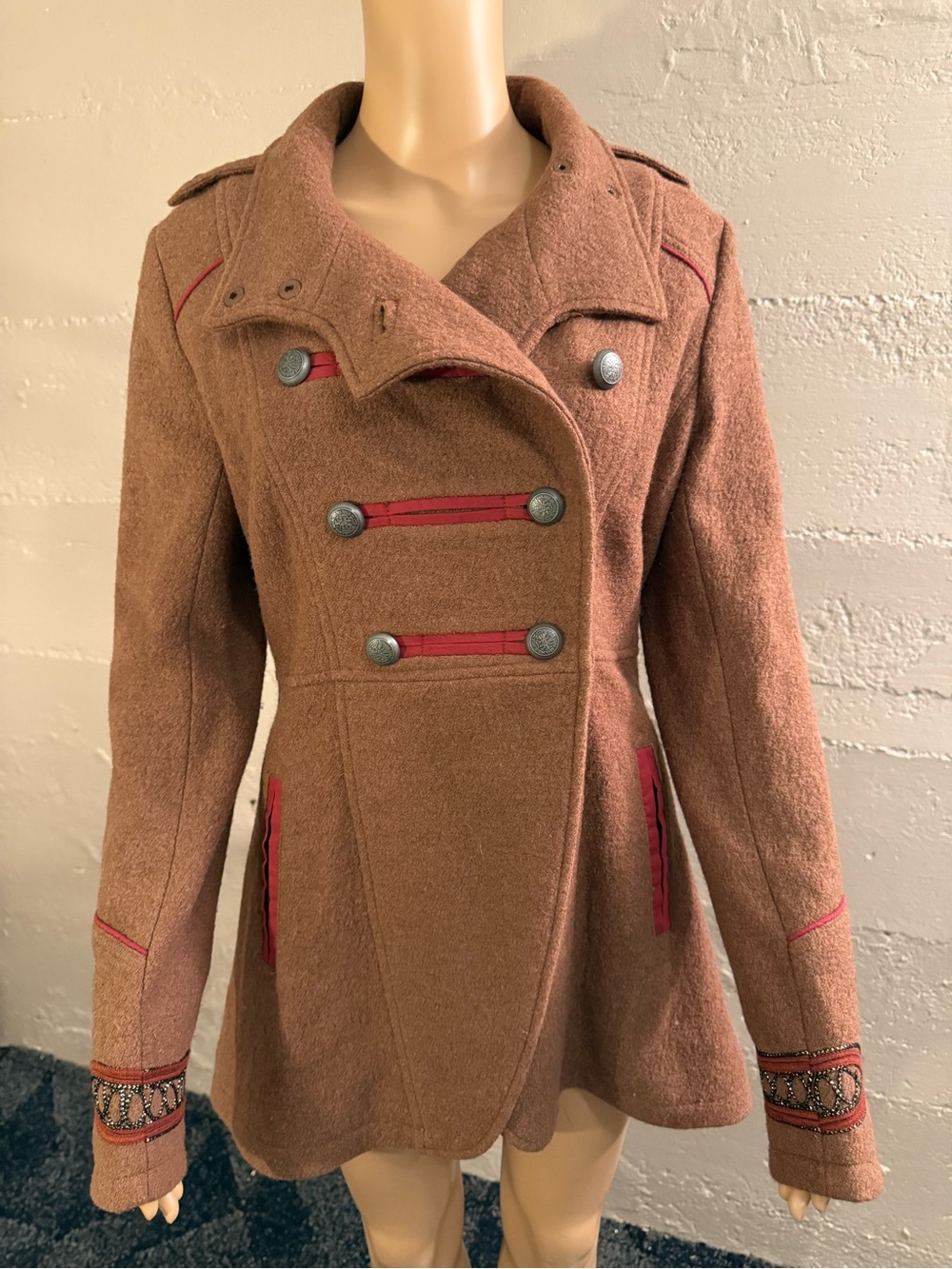 Free People Rust Brown Peacoat with Red Trim Accents